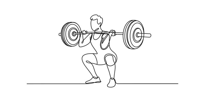 Continuous line drawing of a person performing a barbell squat exercise during a workout Vector, illustration