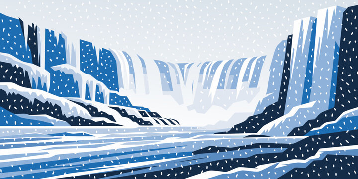 Niagara Falls Winter Freeze &ndash; Frozen Edges, Misty Atmosphere, Ultra‑Wide Minimalist Flat Vector Panorama, Iconic Natural Wonder, United States