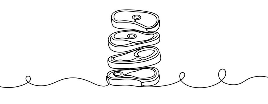 Stack of sliced steaks arranged on continuous line surface. none editable strokes