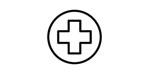 Obraz premium A simple line art illustration of a medical cross symbol enclosed within a clean circular frame, representing health and first aid. Vector, illustration