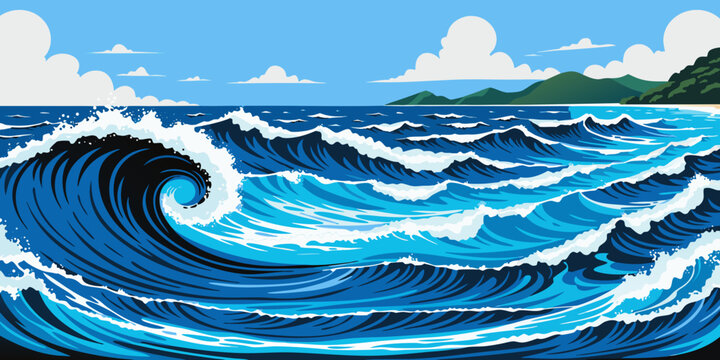 Maui Turquoise Waves &ndash; Clean Flat Vector Panorama, Tropical Ocean Horizon, Serene Island Coastline, Hawaii Paradise Scene, United States