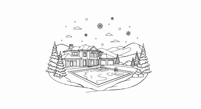 A winter scene depicts a large house with a pool and surrounding trees