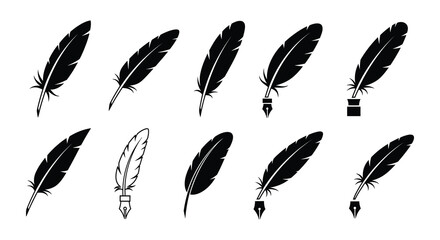 Collection of black quill feathers and inkwells in a simple arrangement