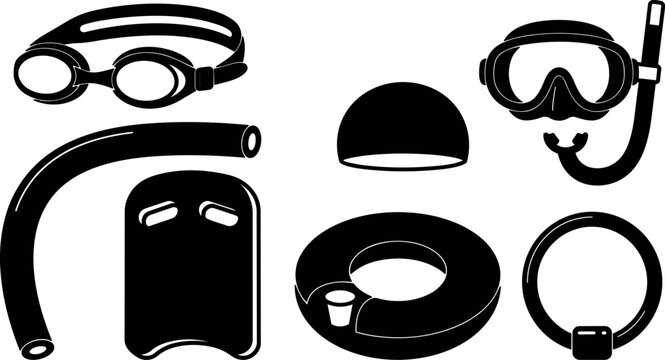 Flat design top view swimming gear set goggles snorkel swim cap kickboard pool noodle life ring belt black silhouettes collection