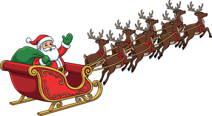 Santa Claus riding sleigh with flying reindeer cartoon Christmas illustration festive holiday character delivering gifts winter celebration design isolated © MstRazia
