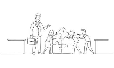 Obraz premium Cartoon of businessman with team bringing puzzle together. Concept of teamwork. Single continuous line art style