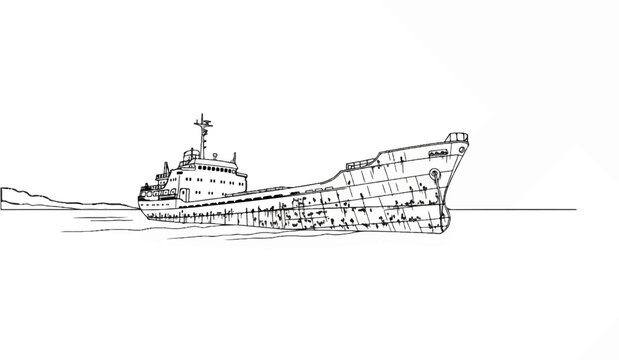 A stylized black and white sketch of a large, weathered cargo ship sailing on the water