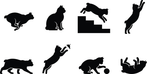 Various playful cat silhouettes showcasing different actions and poses in a vector format