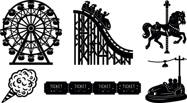 Flat design carnival amusement park icons set featuring ferris wheel roller coaster carousel cotton candy tickets bumper car black silhouettes