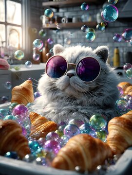 Lustige Katze mit Sonnenbrille sitzt zwischen Croissants und Seifenblasen in einer gem&uuml;tlichen K&uuml;che