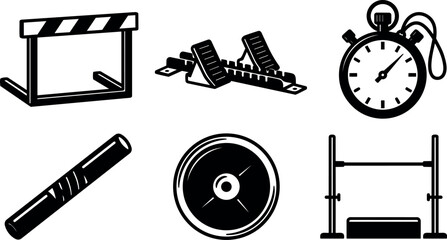 Naklejka premium Flat vector sports equipment set hurdle starting blocks stopwatch relay baton weight plate high jump bar athletic icons training gear