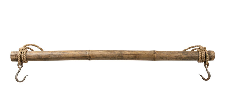 Traditional bamboo carrying pole with rusted iron hooks