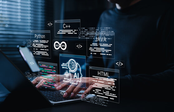 AI coding assistant and programming support. Programmer use laptop with AI coding assistant and colorful program code, representing artificial intelligence in software development and code generation.