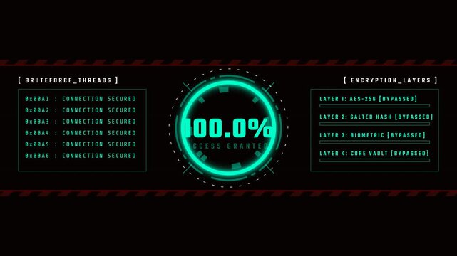 Cyber Security Access Granted Hacking Progress Screen with Encryption Layers and Brute Force Threads Digital Interface Glowing Neon HUD
