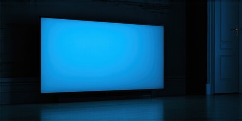Fototapeta premium Dark room features illuminated television. Minimalist interior, modern design, blue glow dominates scene. Quiet ambiance, simple setting.