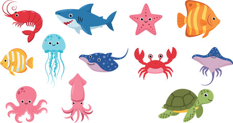 Cute ocean animals cartoon set with shark crab octopus jellyfish starfish turtle squid shrimp and tropical fish colorful flat vector illustration © Ahmed Sahid