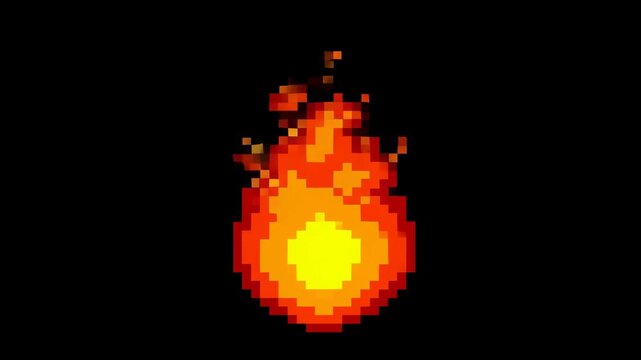 Pixelated flame animation with vibrant colors and dynamic sparks. Represents energy, passion, and creativity in digital art