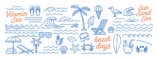 Obraz premium Hand-drawn beach-themed vector set with summer doodles like waves, palm trees, shells, crabs, sunglasses, and surfboards. Perfect for vacation designs, t-shirt prints, and tropical projects.