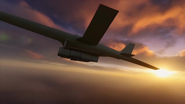 Military Predator Drone Flying at Dramatic Sunset