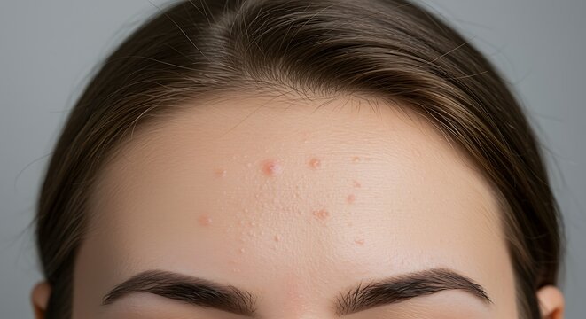 Woman with acne on forehead and brown hair and eyebrows acne skin issues