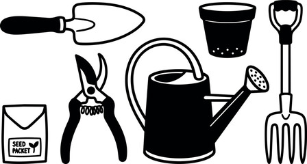 Naklejka premium Minimalist flat vector design gardening tools watering can pruning shears trowel seed packet pot hand fork top view black silhouette