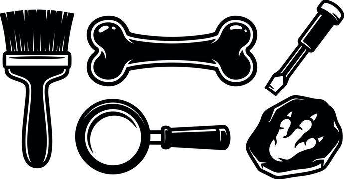 Vector icon set close up forensic evidence brush bone screwdriver magnifier footprint in clay crime scene collection bold silhouette monochrome