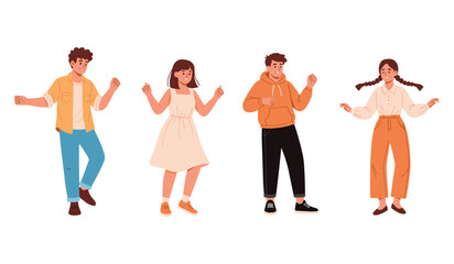 Naklejka premium Diverse young adults dancing: illustration of casual fashion and joyful movement