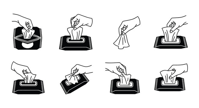 Hands demonstrating the process of pulling a wipe from a container