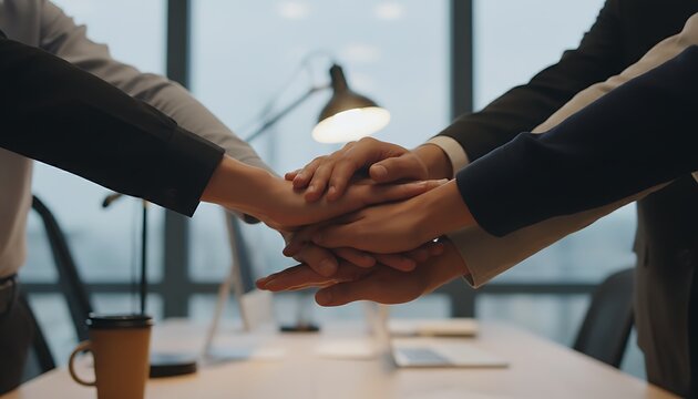 Diverse Team Hands Together in Agreement in Modern Office