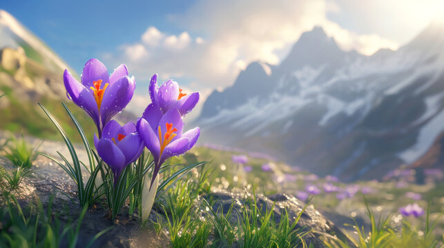 Purple crocus flower blooming on mountain hillside. Spring nature landscape and growth. Background for season card.
