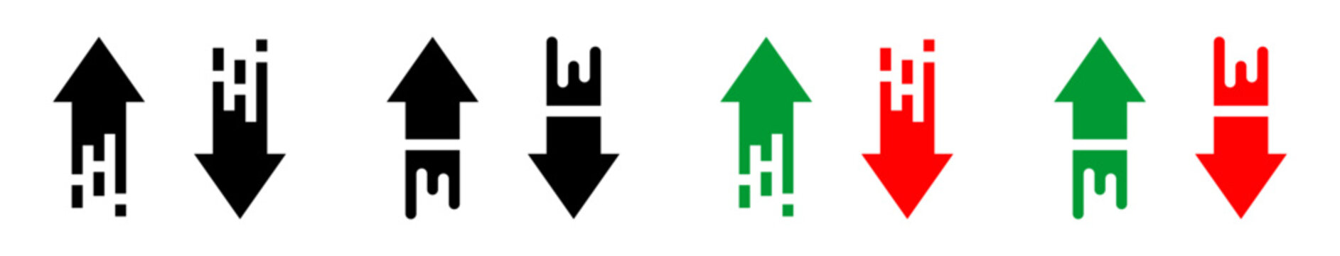 Conjunto de iconos de flecha de crecimiento y decrecimiento. Aumento financiero, reducci&oacute;n econ&oacute;mica, variaci&oacute;n de mercado, indicadores de tendencia, an&aacute;lisis estad&iacute;stico. Ilustraci&oacute;n vectorial lineal