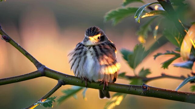 Light brown and white songbird perched on leafy branch with clear blue sky background