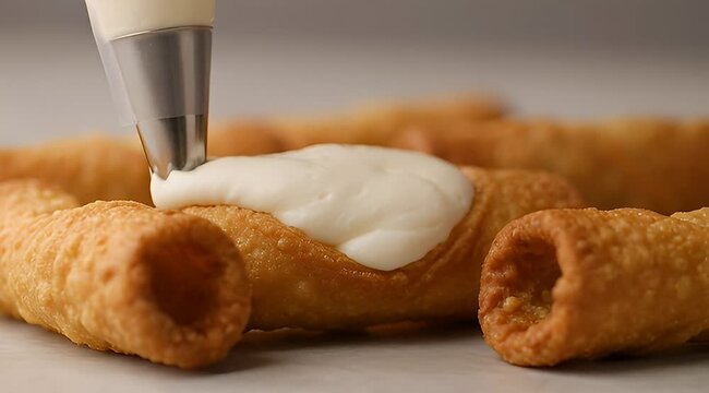 Piping Creamy Filling into Crispy Cannoli Shells for a Delicious Treat