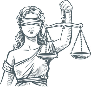 Hand drawn sketch vector illustration of the lady of justice symbol representing law balance and fairness