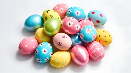 Vibrant Easter eggs, each a miniature canvas of colorful designs, are artfully arranged in a cheerful pile. Perfect for the spring season.