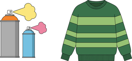 Naklejka premium Urban Graffiti Aerosol Spray Paint Cans with Mist Clouds and Green Striped Knit Wool Sweater Vector Illustration Set for Fashion and Art