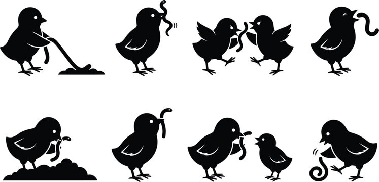 Vector illustrations of playful birds interacting and foraging for worms in a whimsical style
