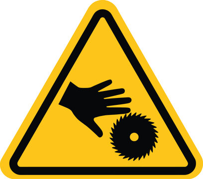 Warning automatic start up sign, rotating blade danger icon, saw hand injury hazard symbol