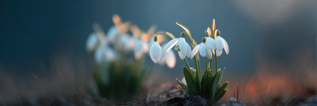Snowdrop delicate white spring bloom in early morning meadow with soft backlight and pastel bokeh