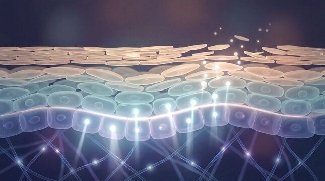 Skin barrier epidermis cell layer protective dermatology healthy glowing biology anatomy medical closeup science. image shows glowing healthy skin barrier with multiple cell layers representing