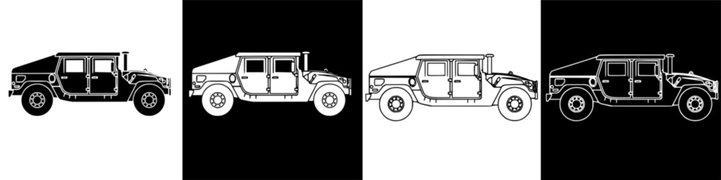 Military vehicles illustration set on black background, humvee style, side views, white outline, defense transport