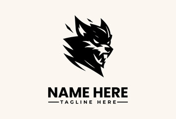 Black wolf head logo illustration with sharp lines and abstract motion on a beige background, featuring placeholder text for a name and tagline.