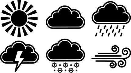 Fototapeta premium Flat design vector weather icon set sun cloud rain thunder snow wind simple monochrome symbols for app interface ui menu