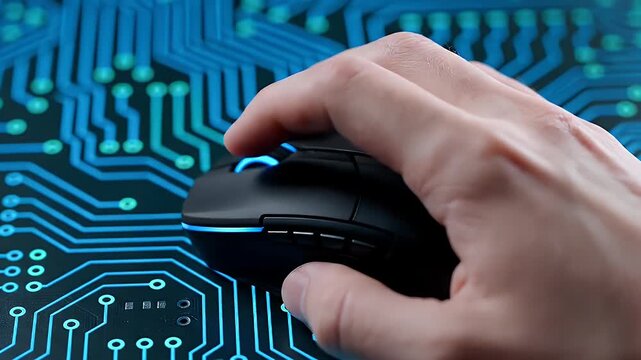 Hand using a computer mouse on a circuit board background.
