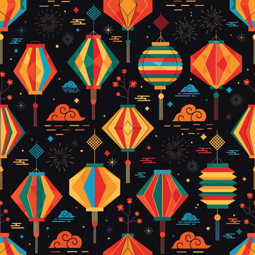 Colorful Lanterns Pattern on Black Background.