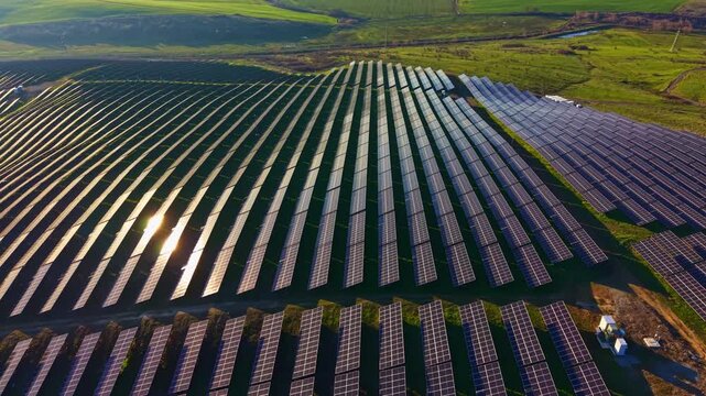 Rows of solar panels stretch across a picturesque green field, reflecting sunlight and harnessing energy. The scene showcases nature's beauty paired with modern technology during a bright afternoon.