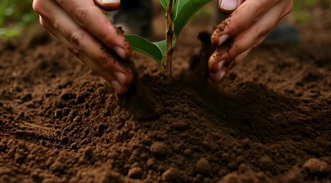 Planting a new tree sapling with care, adding dirt with dirty hands