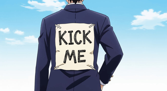 Man in suit with kick me sign on back against blue sky