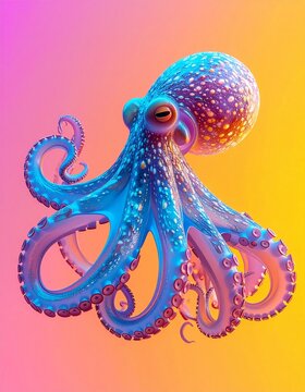 Transparent Glass Dumbo Octopus 3D Render with Colorful Gradient Background