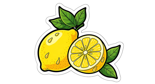 Fresh Lemon Fruit Illustration PNG, Watercolor Citrus with Leaves and Lemon Slices Isolated on Transparent Background,